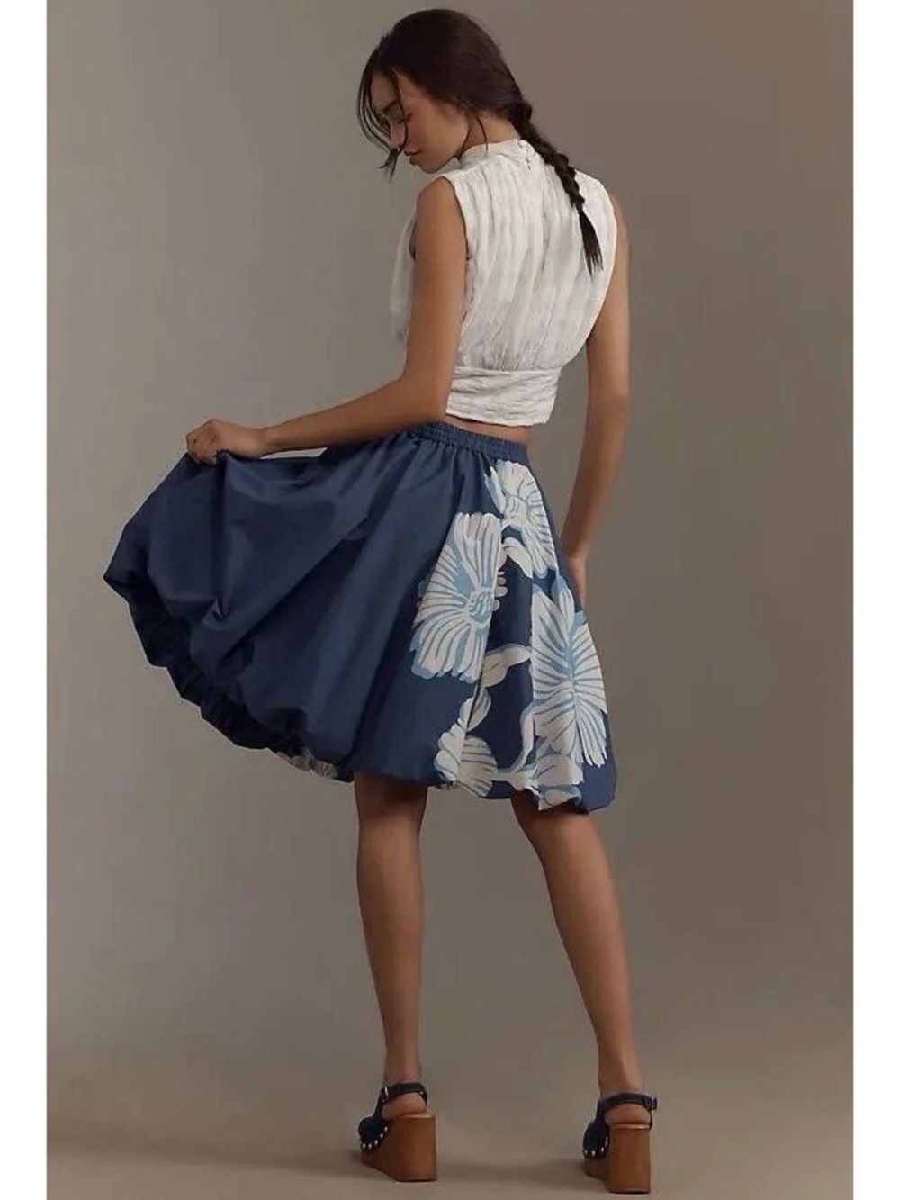 Maeve Anthropologie Blue Floral Bubble It Up Skirt Size S Cotton Drawstring Midi